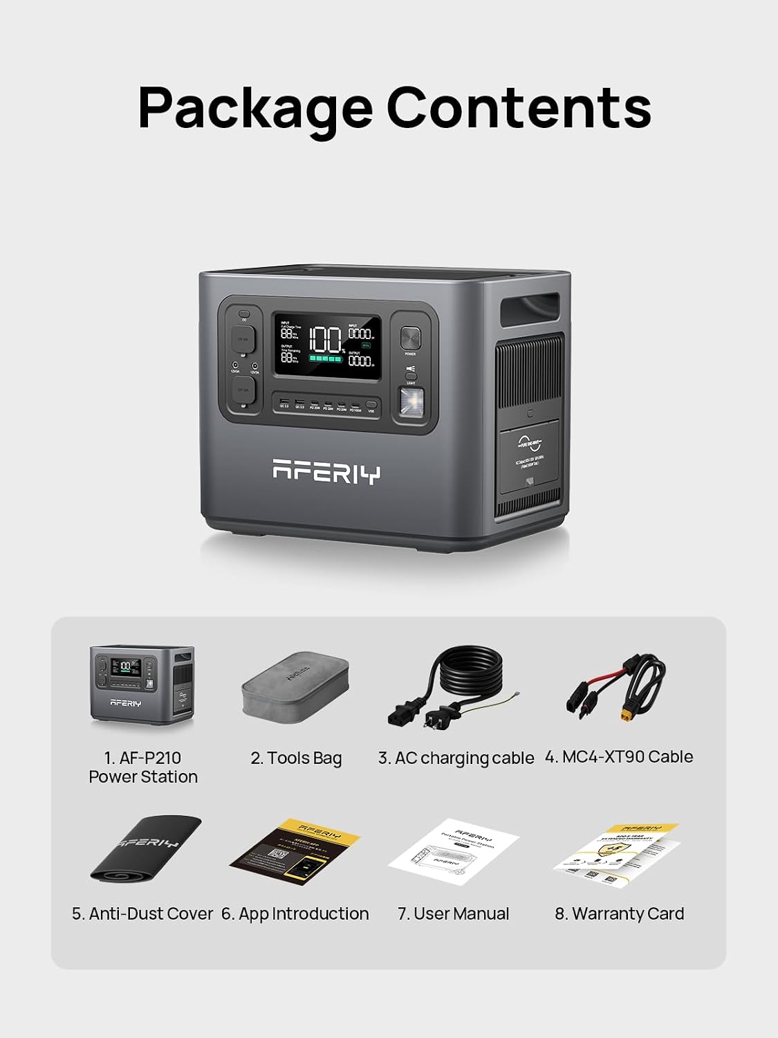 Aferiy power station with package contents listed below on a light gray background
