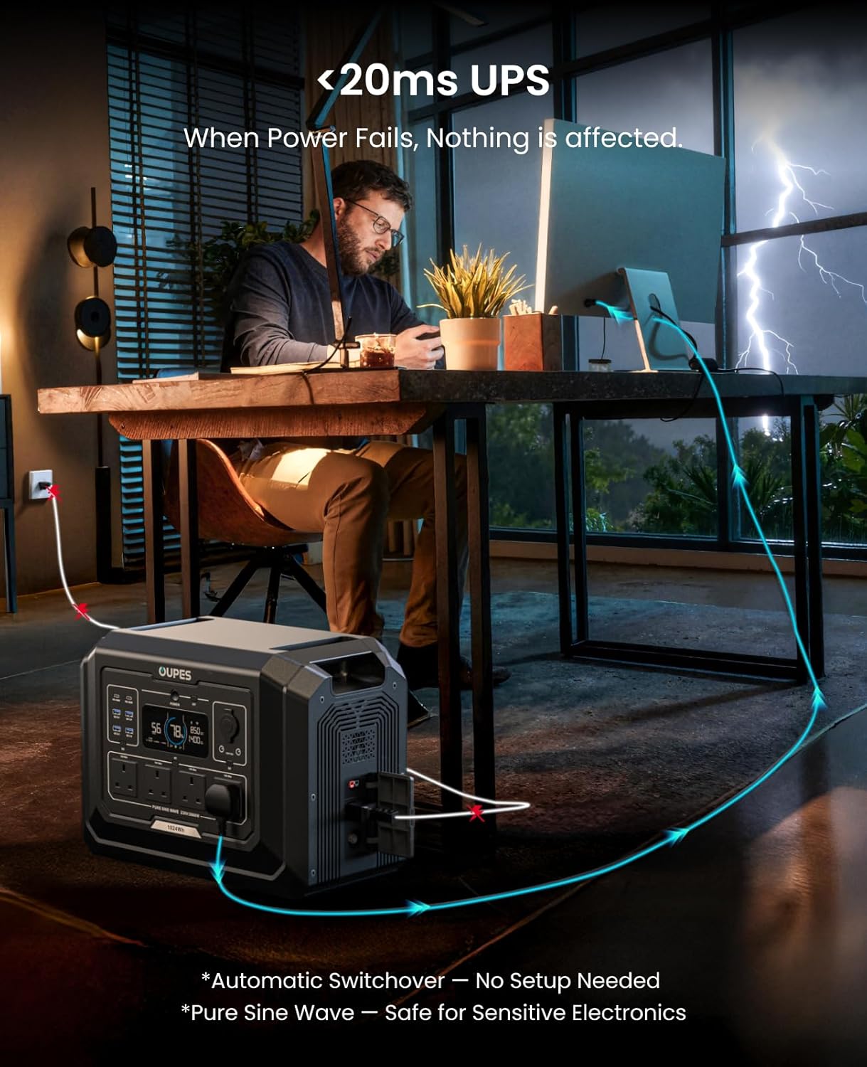 Person working at a desk with a power station and lightning graphic, emphasizing UPS technology.