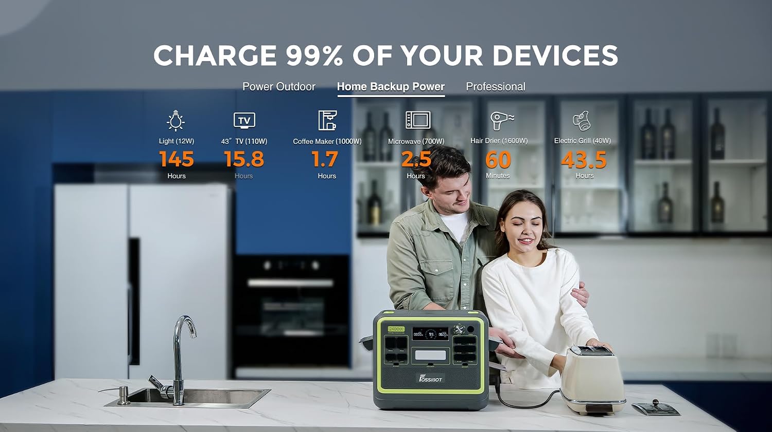 Portable power station being used in a kitchen setting with text about device charging capabilities.