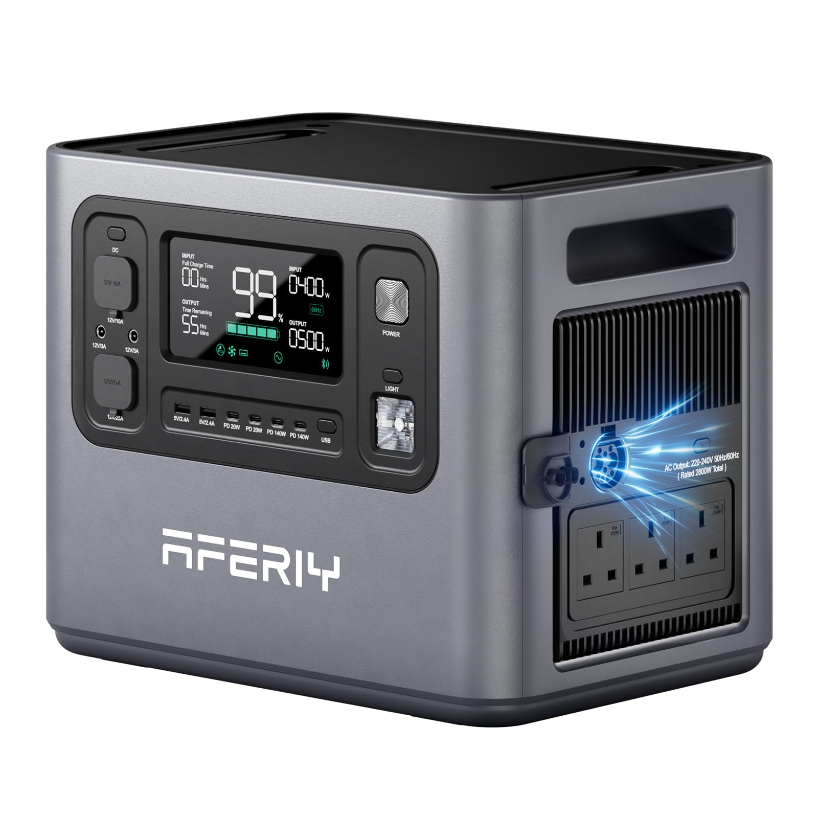 Aferiy power station with digital display and multiple outlets on a white background