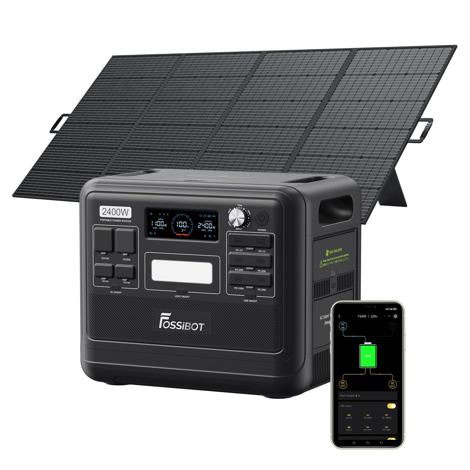 A Fossibot portable power station in black, shown with a black solar panel mounted on its stand and a smartphone displaying a companion app, on a plain white background.