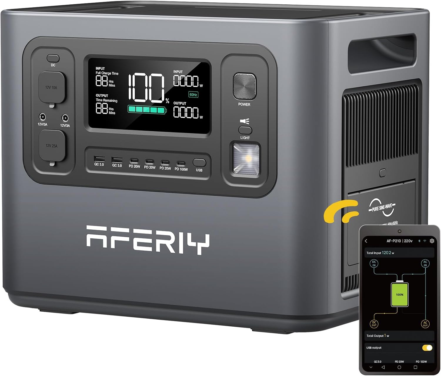 Aferiy power station with digital display and smartphone app interface on a white background