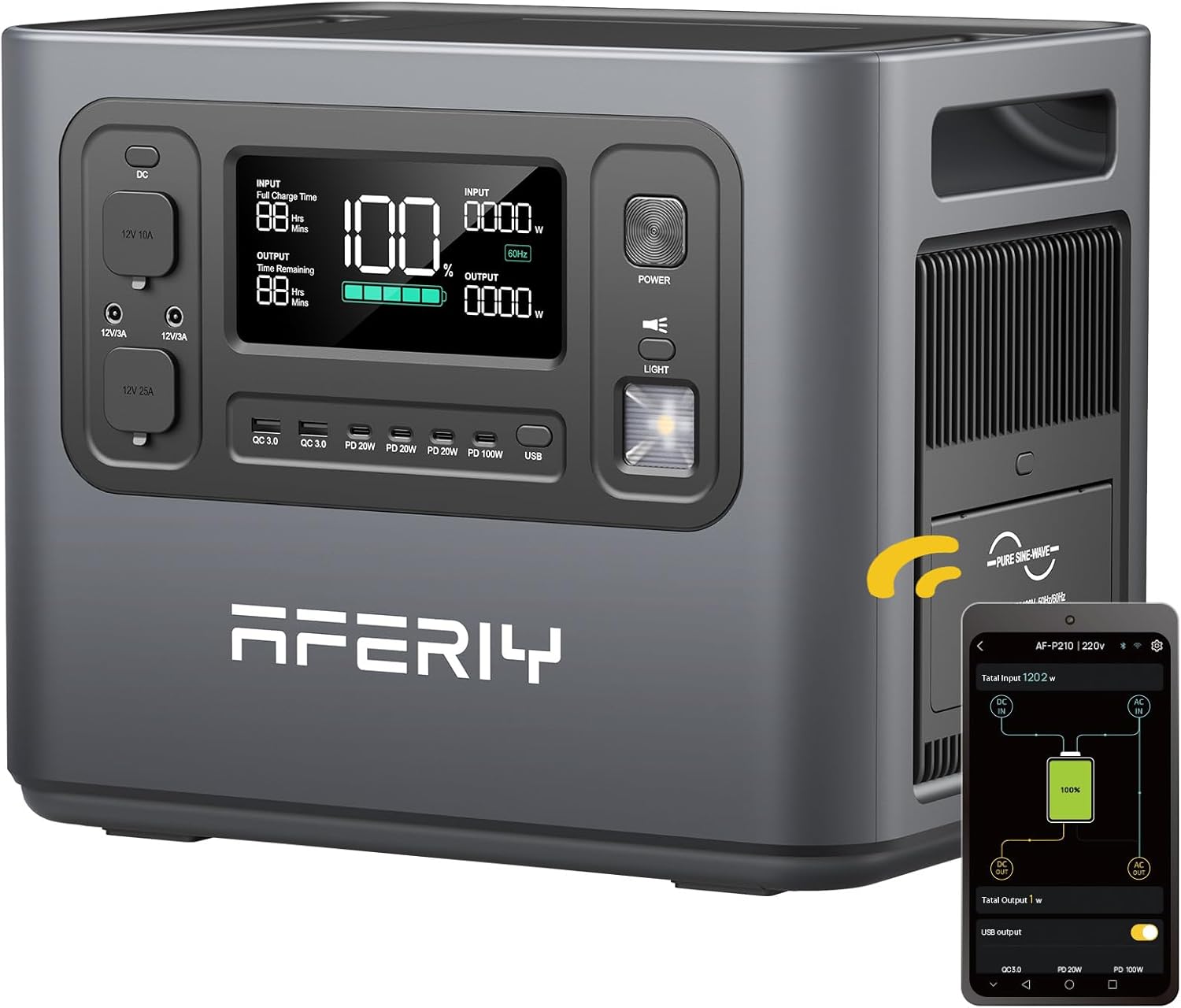 Aferiy power station with digital display and smartphone app interface on a white background