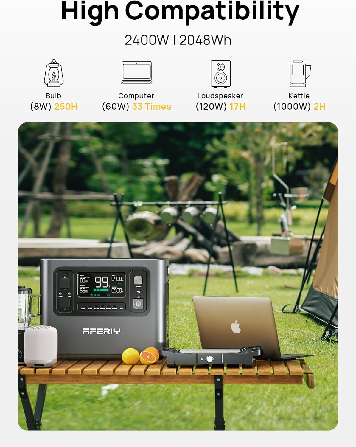 A power station with a laptop on a bench in a camping setting, highlighting compatibility with various devices.