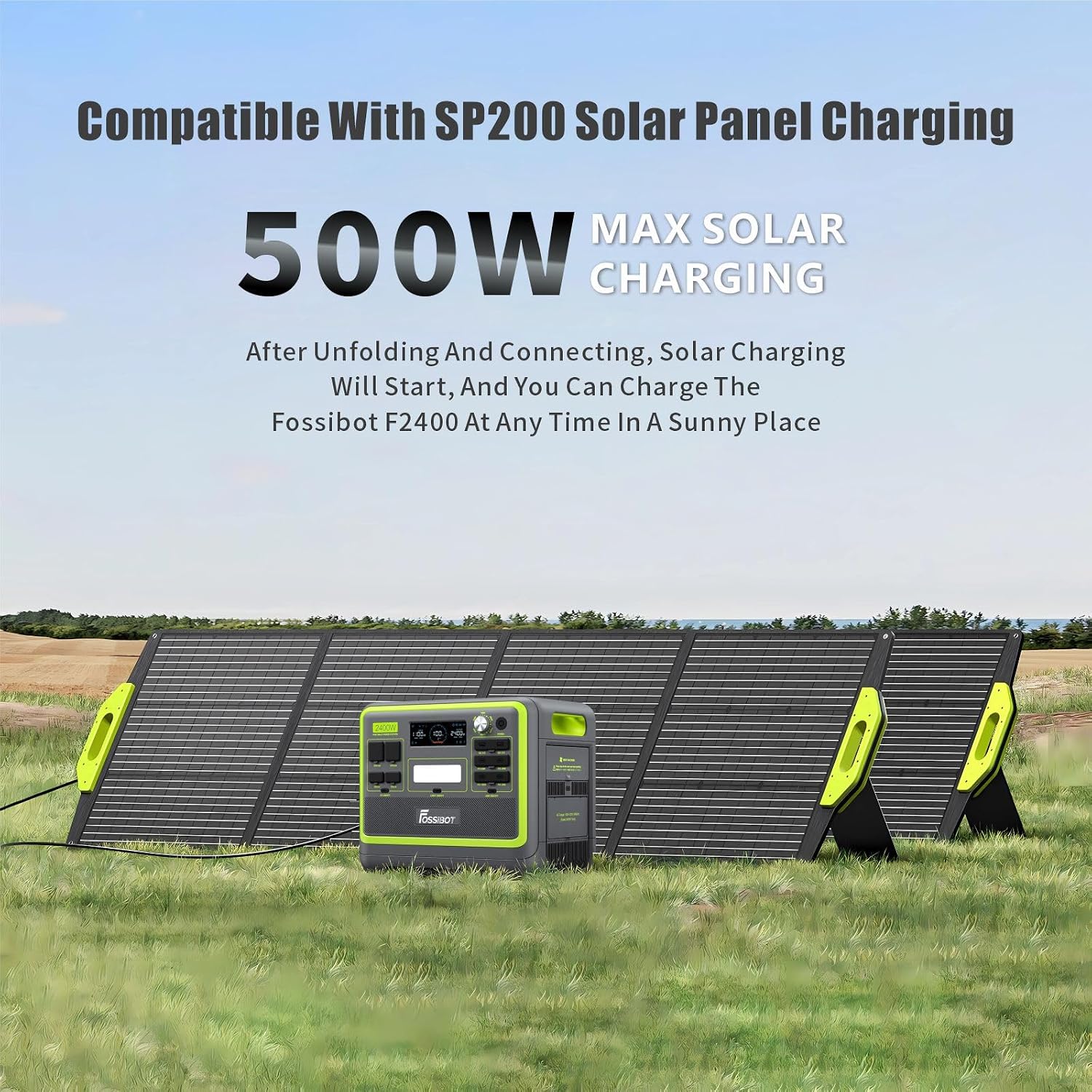 Solar panel charging system with text on a clear sky background