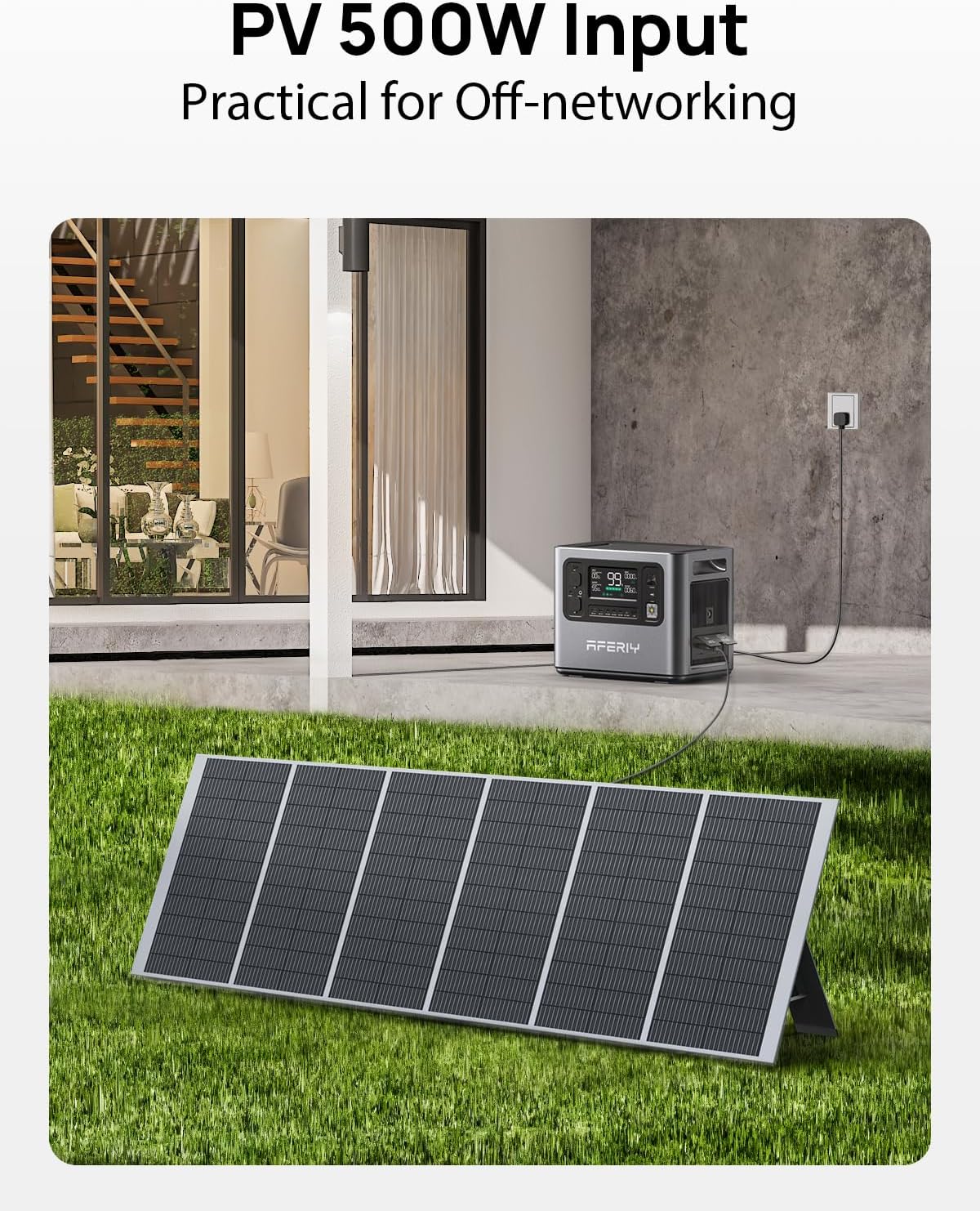 Solar panel with power station and text 'PV 500W Input, Practical for Off-networking' on a grassy area.