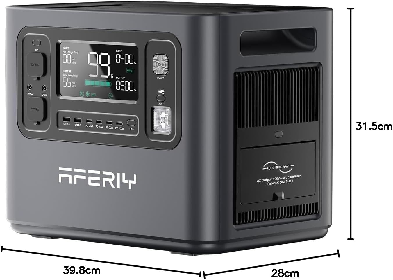 Aferiy power station with digital display and dimensions on a white background