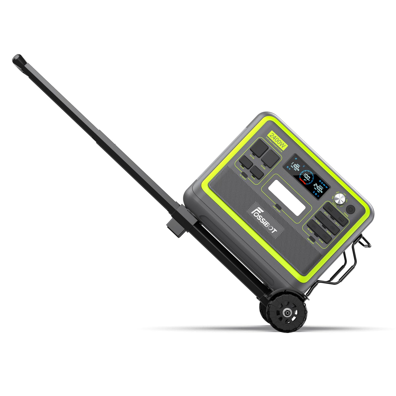A Casewise portable electronic device with a long black handle and wheels, featuring a gray body with a bright lime green border and a digital display screen, shown on a white background.