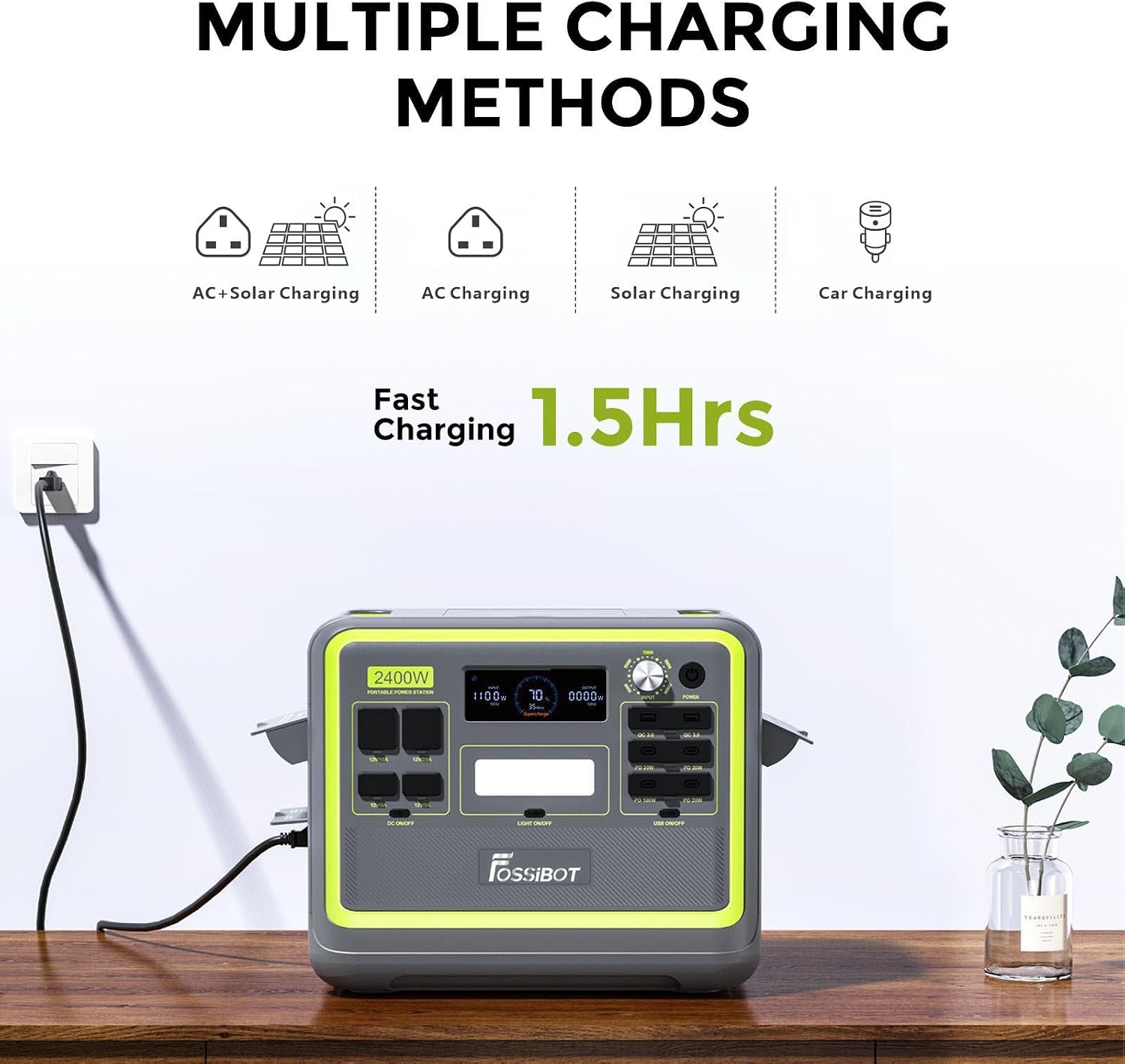 Portable power station with charging methods and fast charging time on a white background
