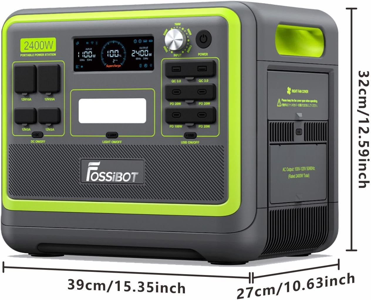 Portable power station with green and gray design, featuring Fossibot branding, and measurements displayed.