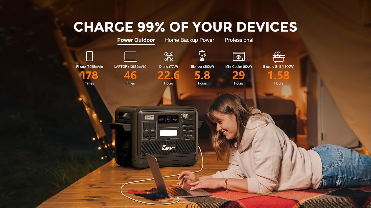 Person using a laptop with a power station in a camping setting, displaying device charging capabilities.