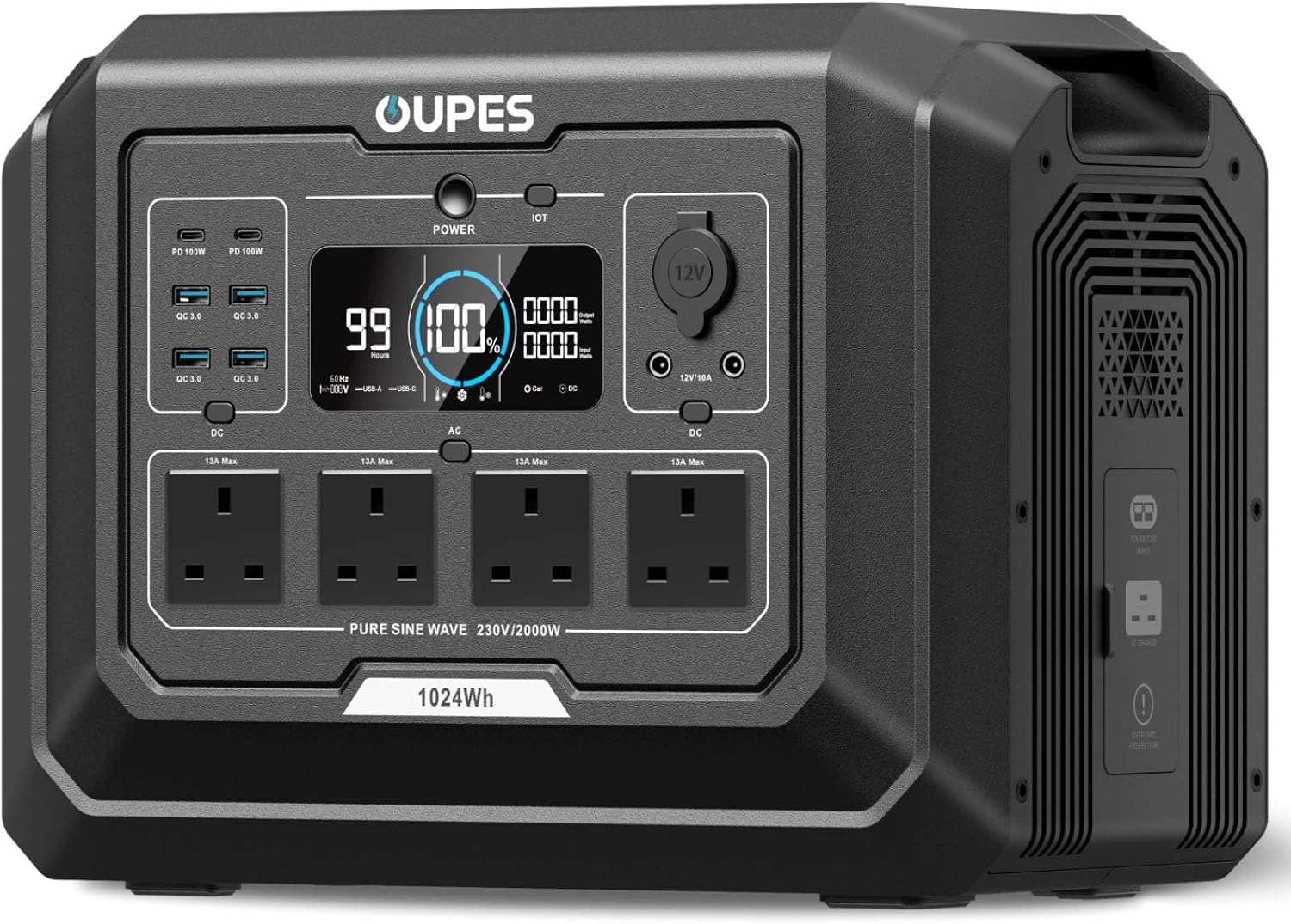 A black OUPES portable power station with a digital display screen showing battery status, multiple USB-A and USB-C ports, and four AC outlets on the front panel.